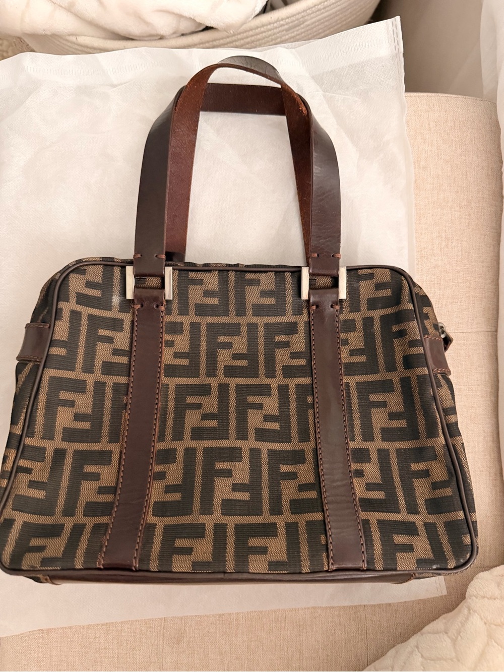 Fendi Brown and Dark Brown FF Logo Satchel